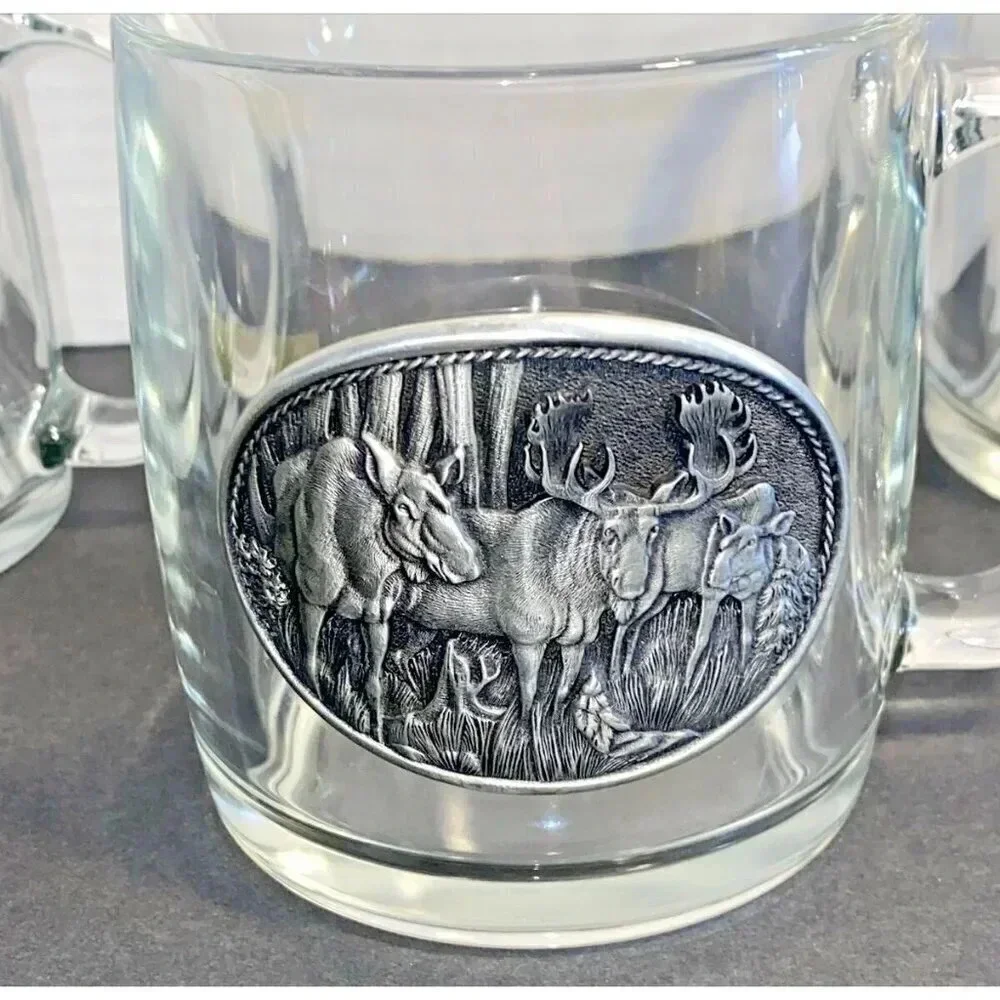 Set Of 4 Heritage Metalworks Fine Pewter Coffee Mugs With Etched Moose. - Picture 2 of 6